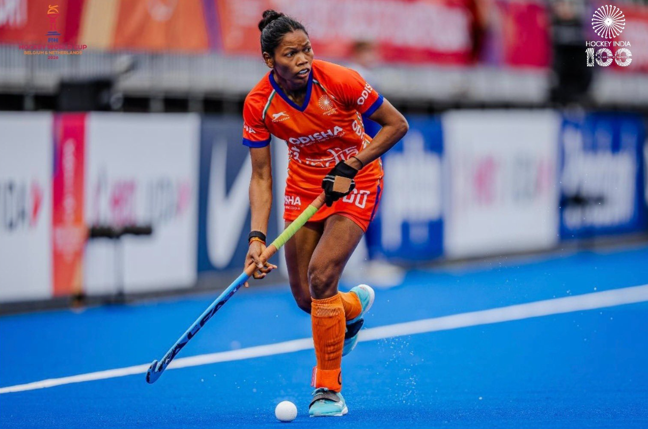 India captain Salima Tete controls the ball during the FIH Women's Hockey World Cup 2026 match against South Africa.