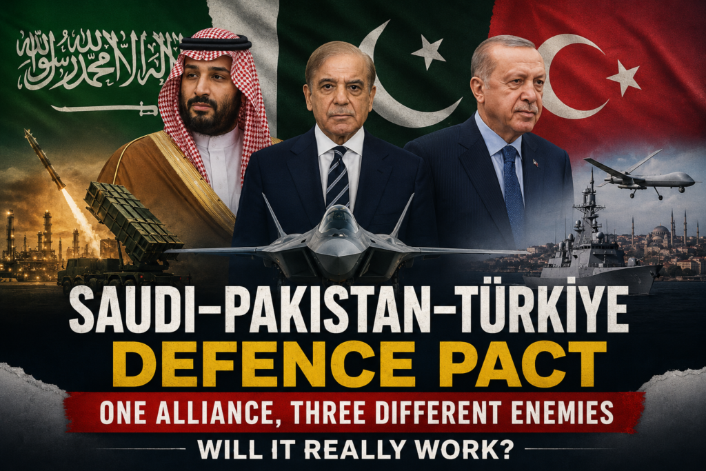 Saudi-Pakistan-Türkiye Defence Pact: One Alliance, Three Different Enemies - Will It Really Work? Featured image showing Saudi Arabia, Pakistan and Türkiye represented by their national leaders, flags and military assets, illustrating the new trilateral defence pact and the question of whether the alliance can overcome their different strategic enemies.