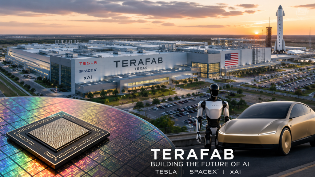 SpaceX, Tesla to Invest $16.8 Billion in Massive Texas ‘Terafab’ AI Chip Complex Concept image of the Terafab semiconductor complex in Texas with AI chip, Tesla Optimus-style robot, autonomous vehicle and SpaceX rocket