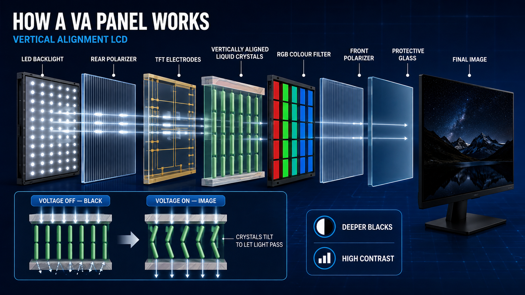 VA LCD panel diagram showing vertically aligned liquid crystals tilting under voltage to control light