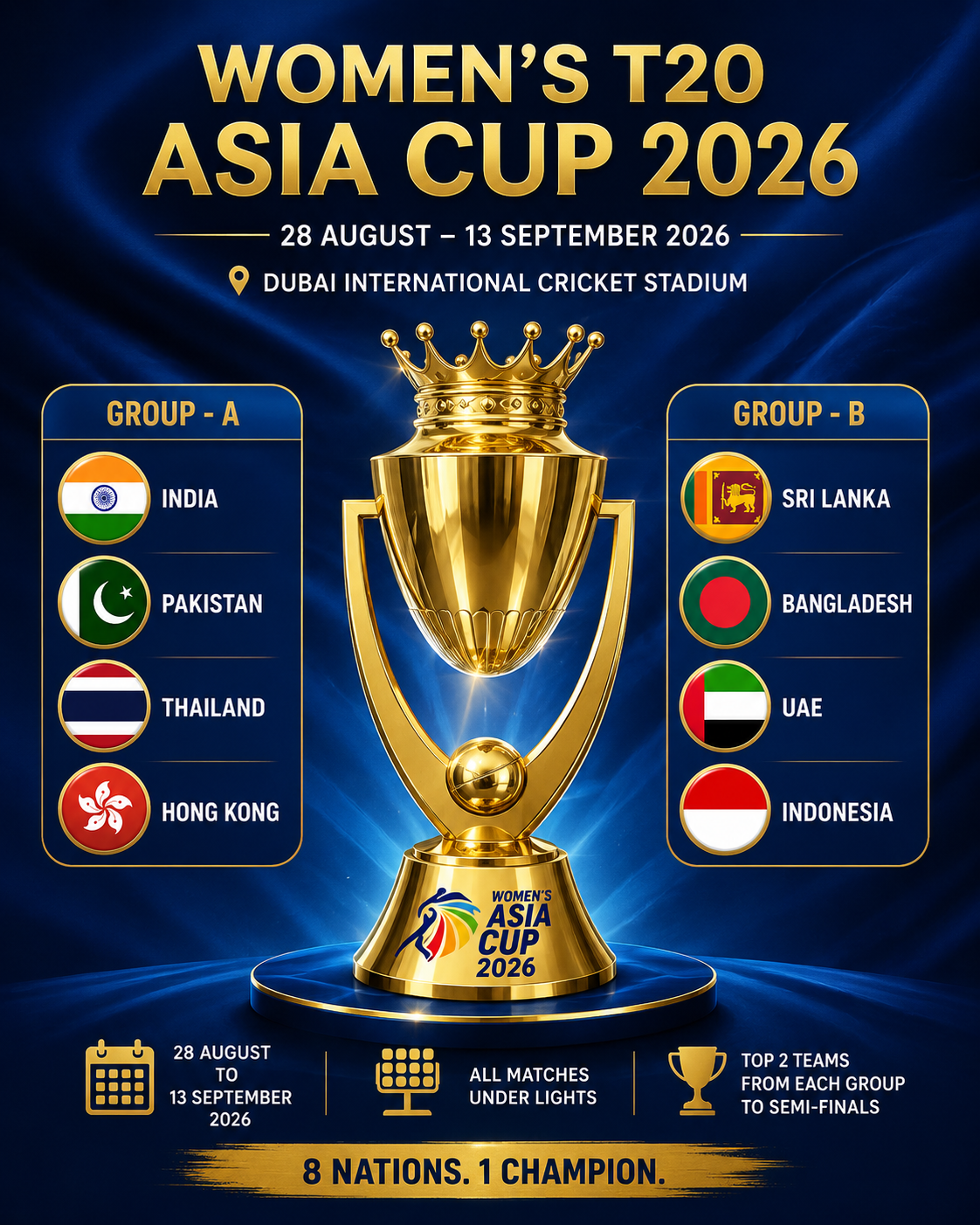 Women’s T20 Asia Cup 2026 poster showing the trophy, tournament dates, Dubai venue and teams in Group A and Group B
