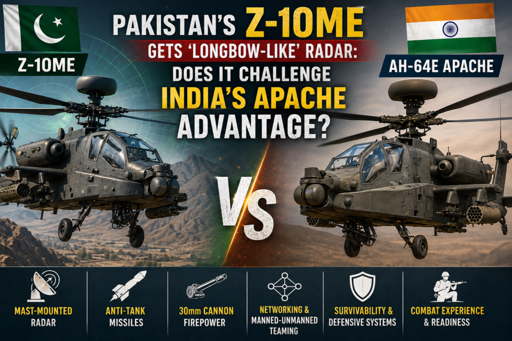 Pakistan’s Z-10ME Gets ‘Longbow-Like’ Radar: Does It Challenge India’s Apache Advantage? Pakistan Z-10ME vs India AH-64E Apache comparison featuring Longbow-like radar, weapons, sensors and combat capabilities.