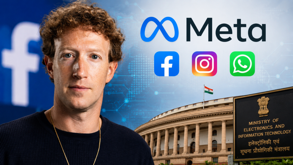 Meta Apologises to India Over Content Moderation Failures, Government Raises Concerns About Paid Promotion Meta CEO Mark Zuckerberg pictured alongside Meta, Facebook, Instagram and WhatsApp logos, with India’s Parliament and the Ministry of Electronics and Information Technology signboard