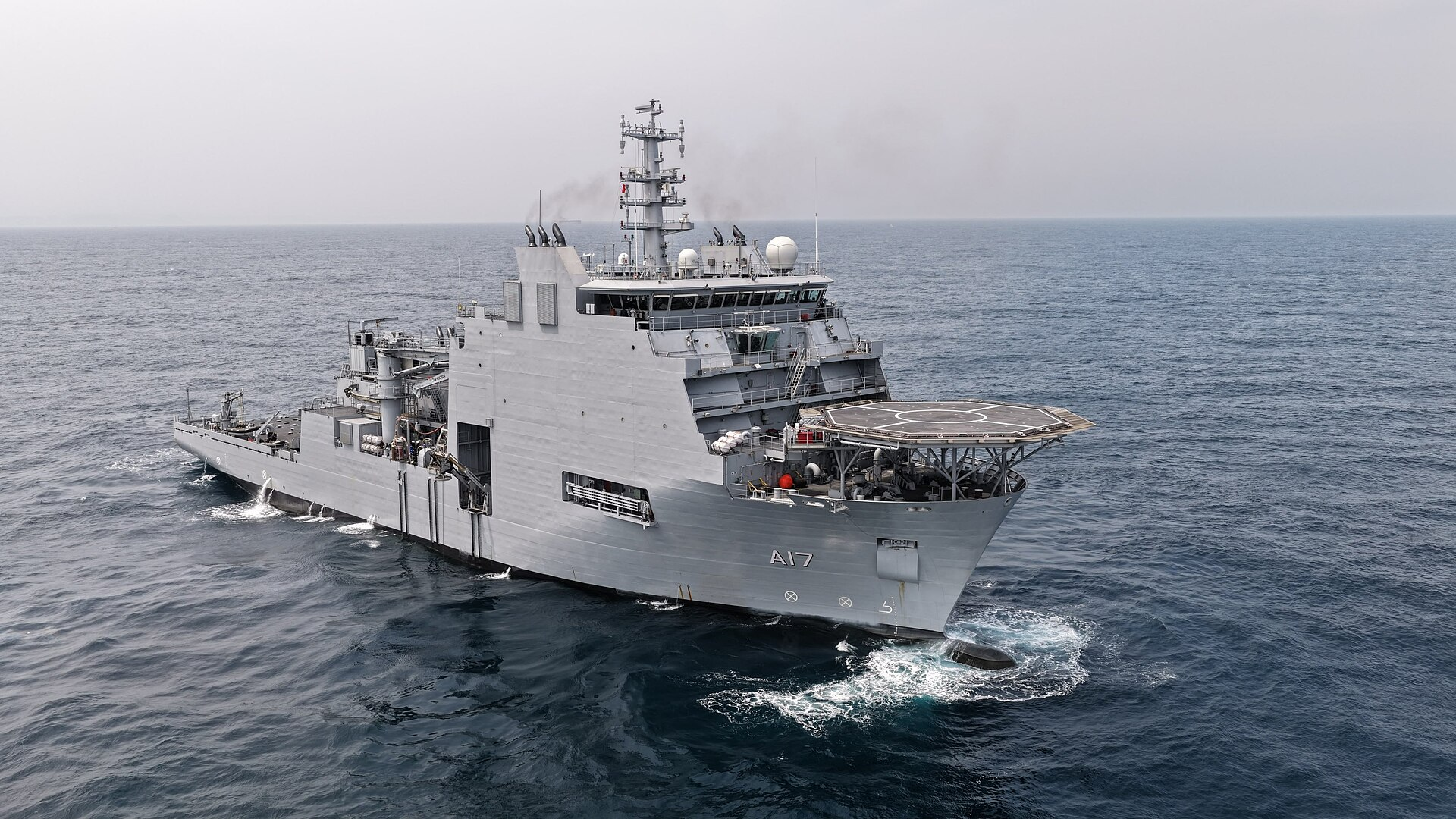 Aerial view of INS Nipun A17, the Indian Navy Diving Support Vessel, sailing at sea