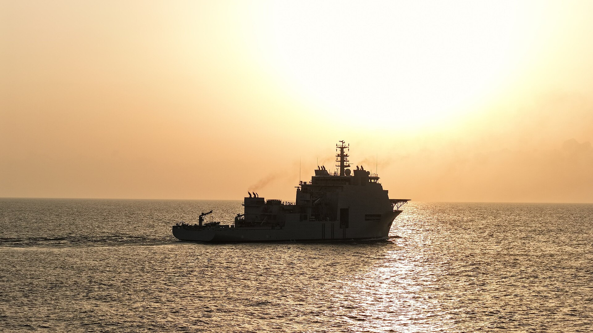 Nipun A17 Diving Support Vessel conducting sea trials against a golden sunset