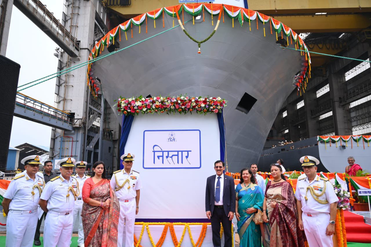 Naval officials and guests at the launch ceremony of Nistar and Nipun at Hindustan Shipyard in Visakhapatnam