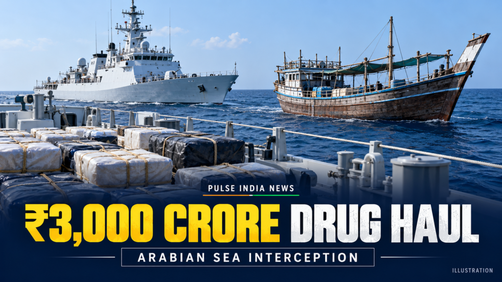 Illustration of a patrol vessel beside a wooden dhow in the Arabian Sea, with sealed packages and the headline “₹3,000 Crore Drug Haul.”