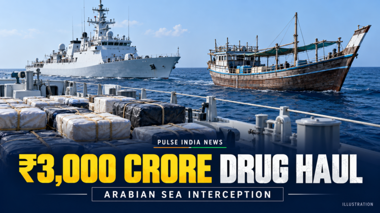 Pulse India News – Latest Breaking News from India & World Illustration of a patrol vessel beside a wooden dhow in the Arabian Sea, with sealed packages and the headline “₹3,000 Crore Drug Haul.”