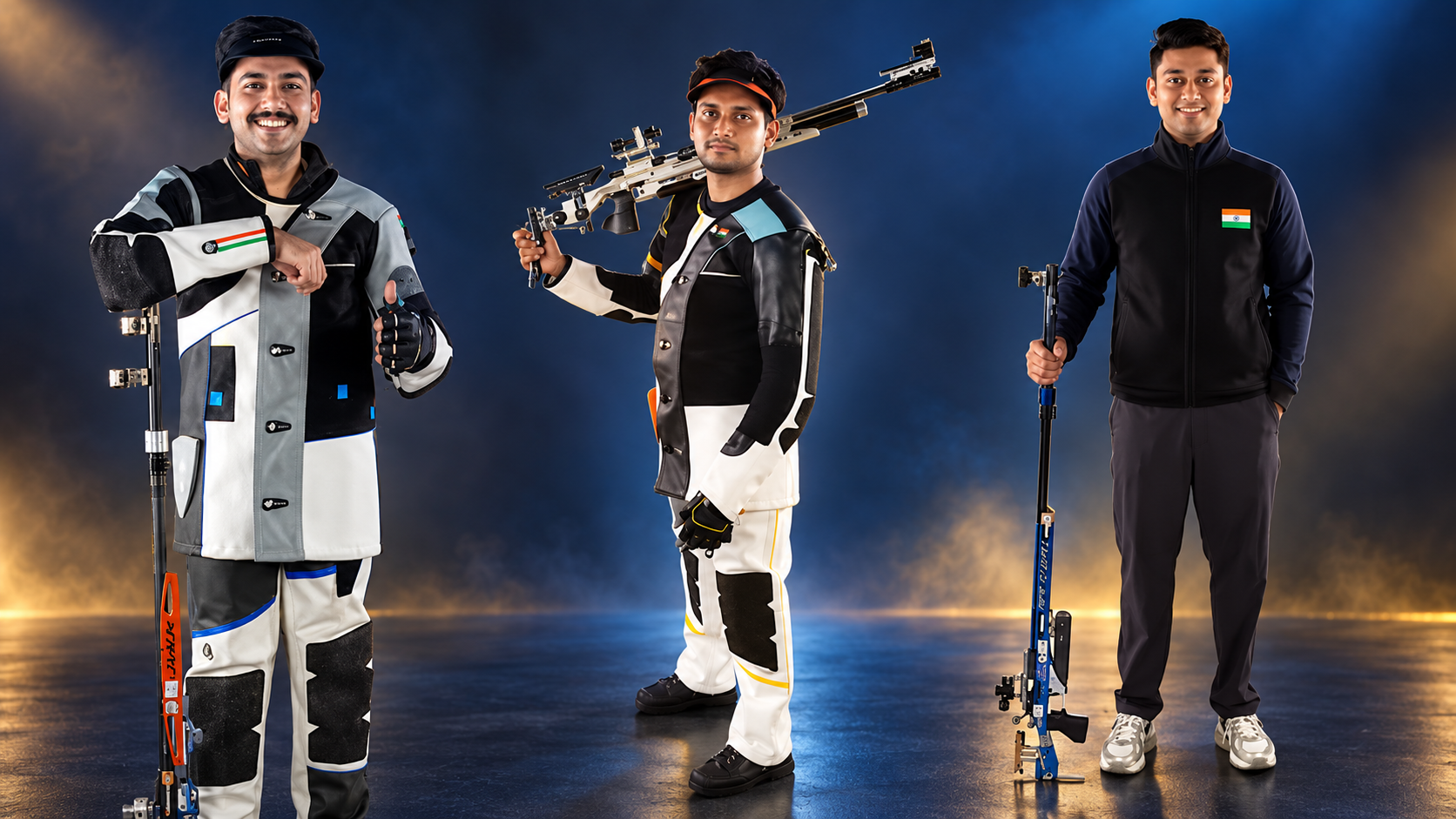 Aishwary Pratap Singh Tomar, Niraj Kumar and Rudrankksh Patil representing India in rifle shooting