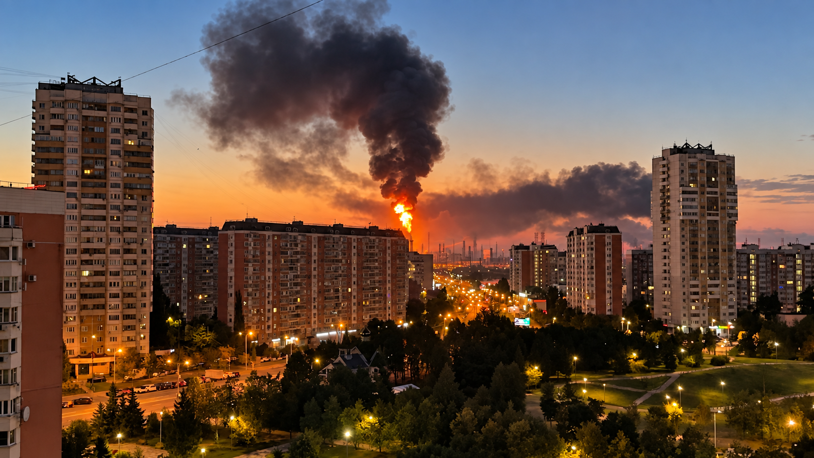 Fire and thick black smoke rise from an oil refinery south of Moscow after a reported Ukrainian drone attack.