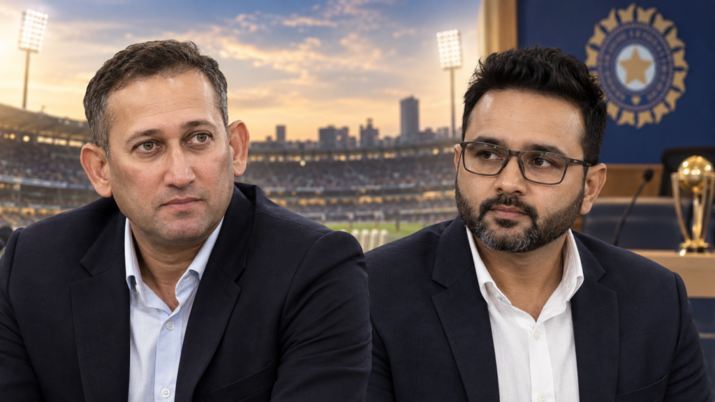 Ajit Agarkar Set to Leave as India Chief Selector? What We Know About BCCI’s Next Move Illustrative composite showing Ajit Agarkar on the left and Parthiv Patel on the right against a cricket stadium backdrop.