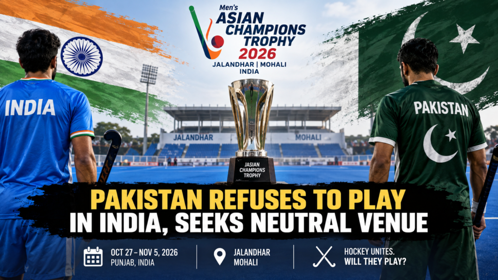 India and Pakistan hockey players stand on opposite sides of the Asian Champions Trophy as Pakistan seeks a neutral venue for the 2026 tournament in India.