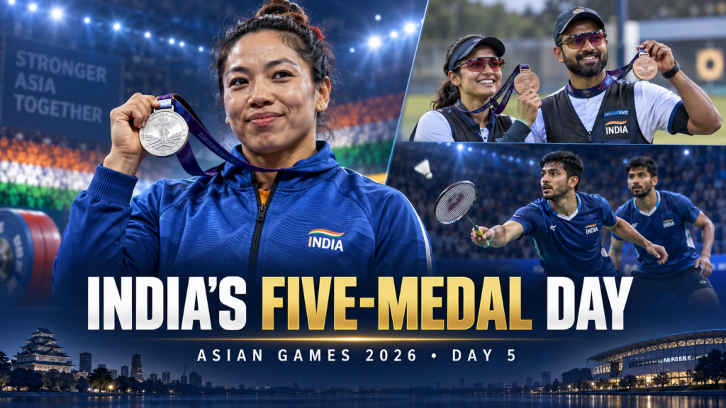 Mirabai Chanu with her silver medal alongside Indian skeet shooters and men’s badminton players after India won five medals on Asian Games 2026 Day 5.