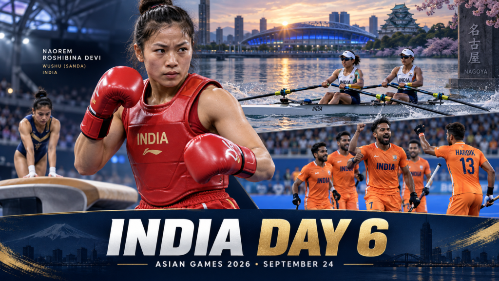Roshibina Devi, Indian rowers, men’s hockey players and a gymnast feature in the Asian Games 2026 Day 6 schedule graphic.