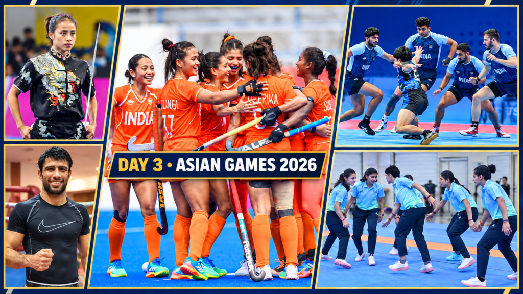 Asian Games 2026 Day 3: India’s Full Schedule, IST Timings and Medal Events Nyeman Wangsu, Sumit Kundu, and India’s hockey and kabaddi teams featured in an Asian Games 2026 Day 3 collage