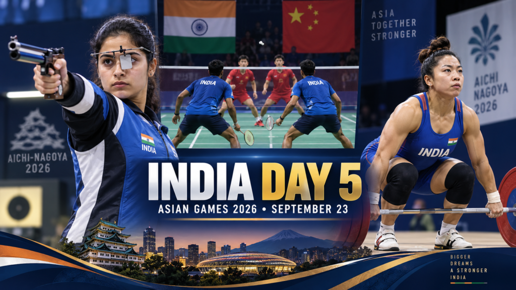 Manu Bhaker, Mirabai Chanu and Indian badminton players feature in the Asian Games 2026 Day 5 schedule graphic.