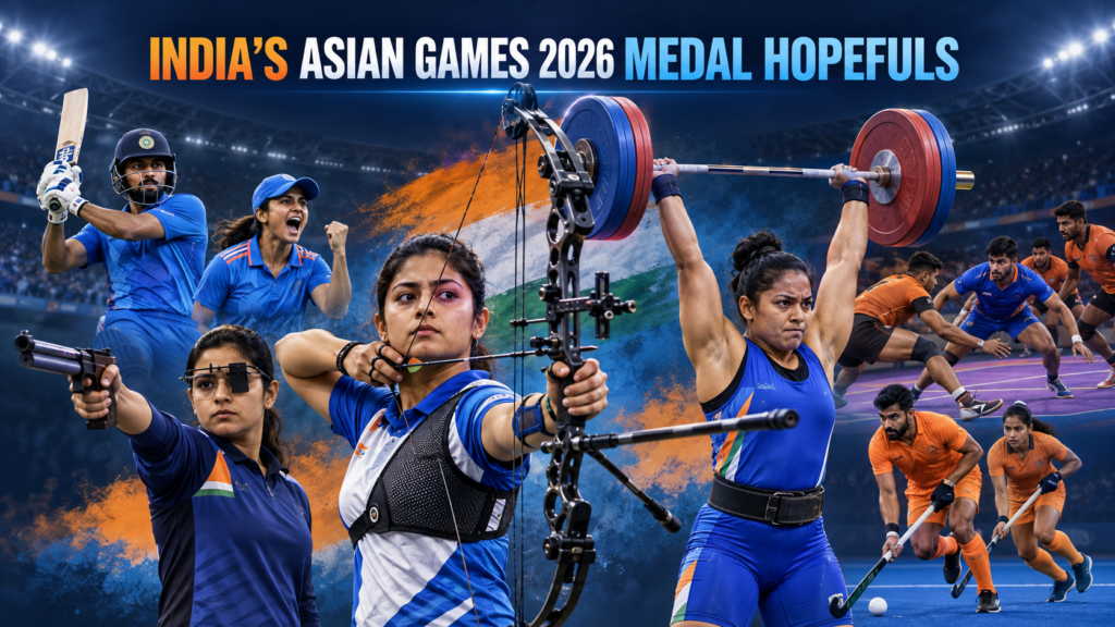 Asian Games 2026: India’s Biggest Medal Hopes Across Sports Illustrated montage of Indian athletes in shooting, archery, weightlifting, cricket, kabaddi and hockey.