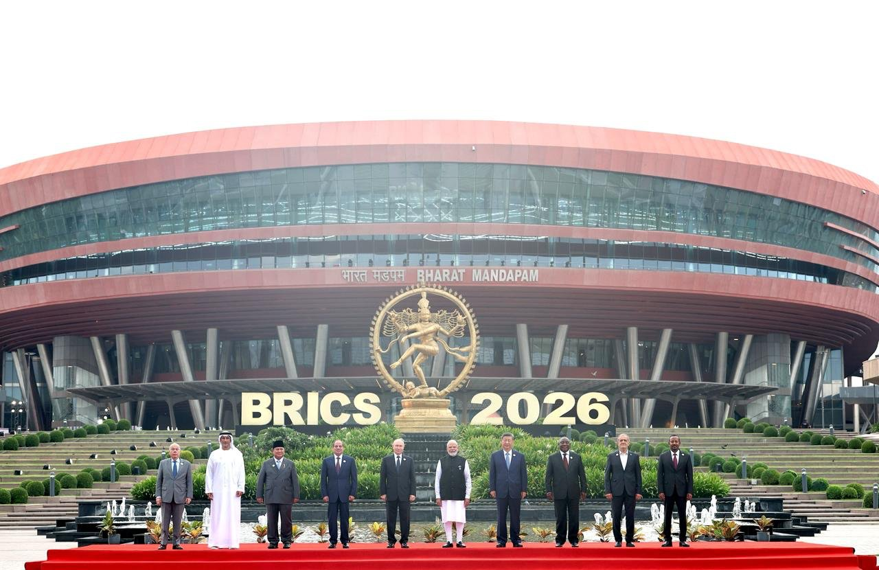 BRICS leaders pose for a group photograph at Bharat Mandapam during the 2026 New Delhi Summit