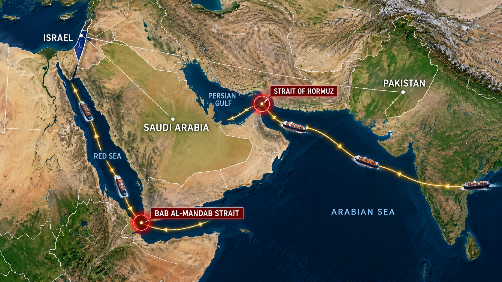 Regional map showing Israel Saudi Arabia and Pakistan with Bab al-Mandab and the Strait of Hormuz highlighted