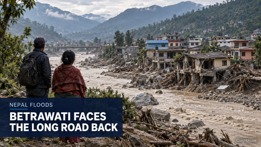 Nepal Floods: Betrawati Survivors Return to Homes Buried in Mud Illustration of two people looking across a muddy river toward flood-damaged buildings, with the headline “Betrawati Faces the Long Road Back.