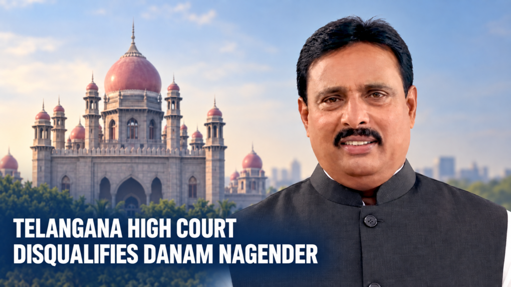 Telangana High Court Disqualifies Khairatabad MLA Danam Nagender Danam Nagender pictured alongside an illustration of the Telangana High Court