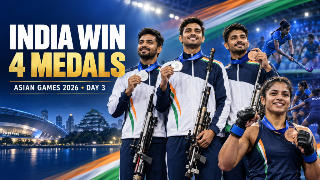 Indian athletes celebrate four medals won on Day 3 of the Asian Games 2026, featuring the men’s air rifle team, MMA, hockey and kabaddi.