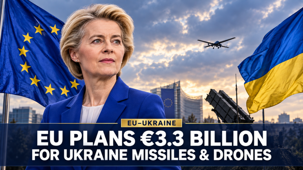 EU to Release €3.3 Billion for Missiles and Drones in Ukraine, Von der Leyen Says Illustrated portrait of Ursula von der Leyen beside EU and Ukrainian flags, a drone and a missile launcher, with a headline about planned €3.3 billion EU funding.