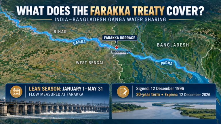 Map explaining the India–Bangladesh Ganga Water Sharing Treaty at Farakka Barrage.