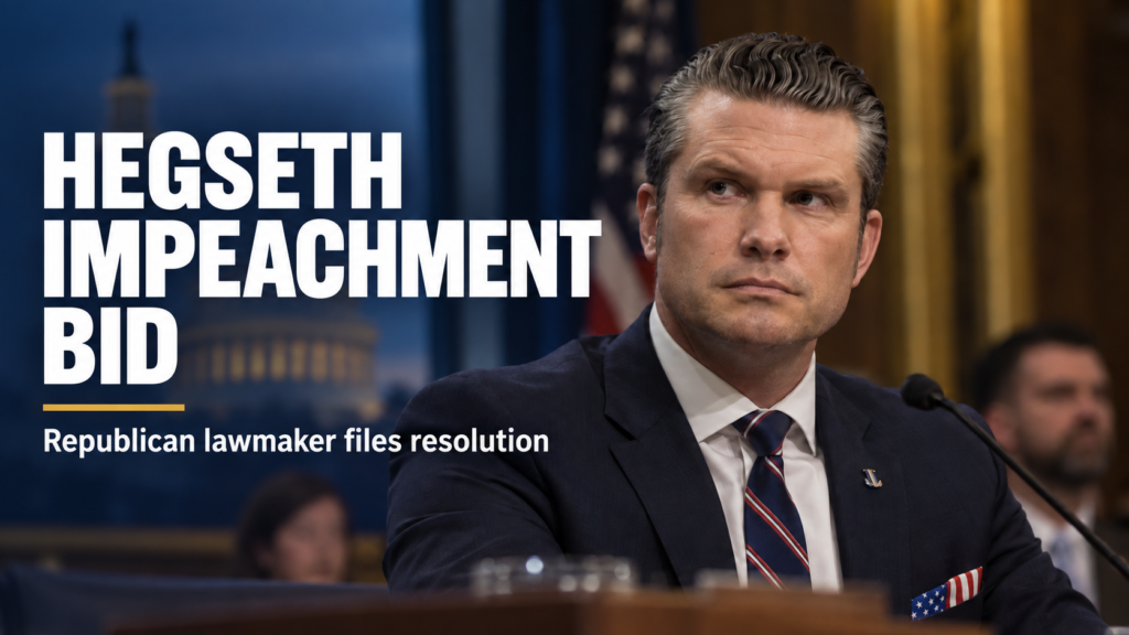 Republican Lawmaker Moves to Impeach US Defence Secretary Pete Hegseth Over Iran War AI-generated illustration of Pete Hegseth beside the US Capitol, with the headline “Hegseth Impeachment Bid