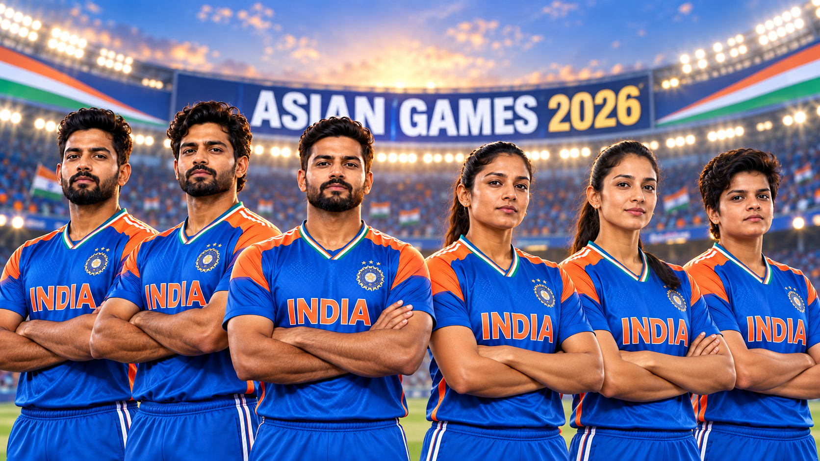 Asian Games 2026: India’s Biggest Medal Hopes Across Sports Illustration of Indian men's and women's cricket players standing together in blue kits