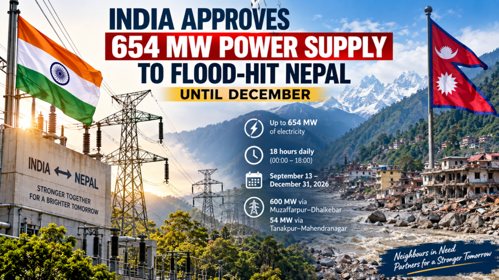 India Approves 654 MW Power Supply to Flood-Hit Nepal Until December India approves up to 654 MW electricity supply to flood-hit Nepal, with India and Nepal flags, transmission lines, Himalayan mountains and flood-damaged areas shown in the background.