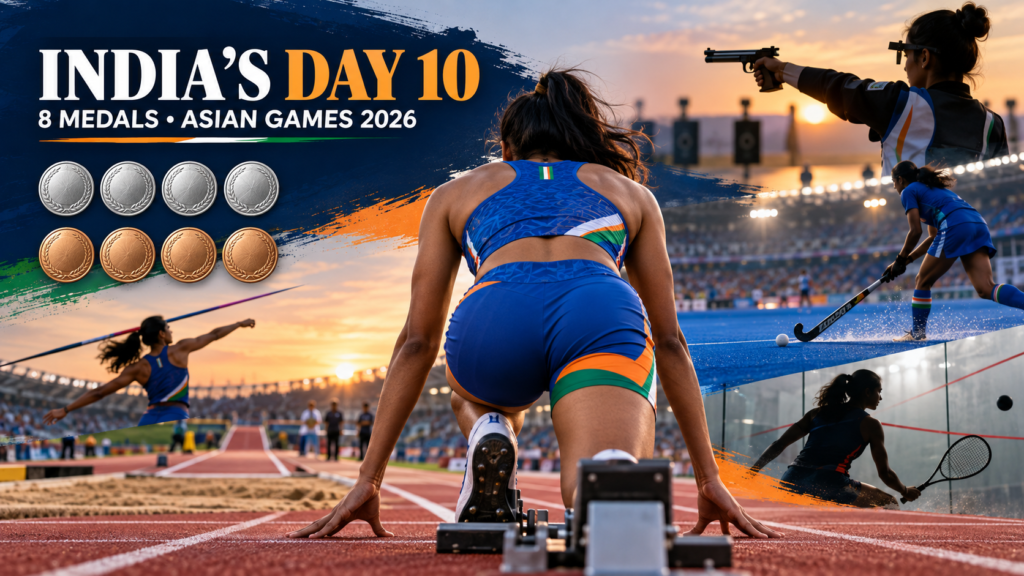 Illustrated Asian Games Day 10 graphic showing Indian athletes in athletics, shooting, hockey and squash, alongside four silver and four bronze medals.