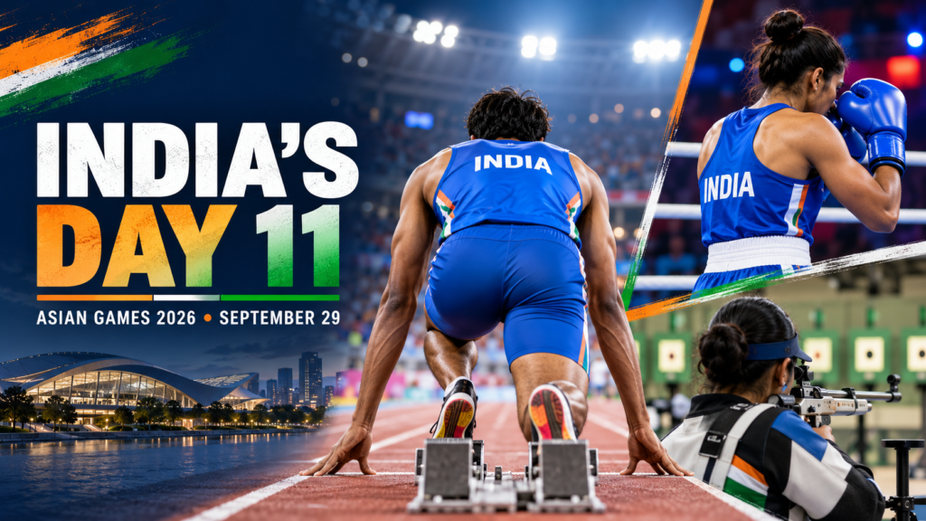 Illustrated Asian Games Day 11 preview showing an Indian runner at the starting line, a boxer and a shooter, with September 29 headline text.