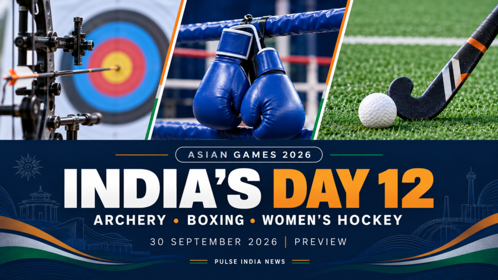 Asian Games 2026 India Day 12 preview graphic showing a compound bow and target, blue boxing gloves, and a hockey stick and ball.