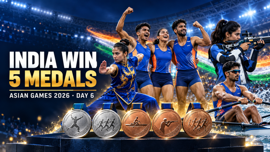 Indian athletes celebrate five medals won on Day 6 of the Asian Games 2026, including two silver and three bronze.