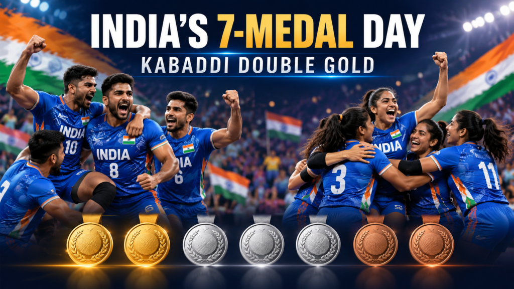 Illustration of India’s men’s and women’s kabaddi teams celebrating, with seven medals representing India’s September 26 Asian Games haul.