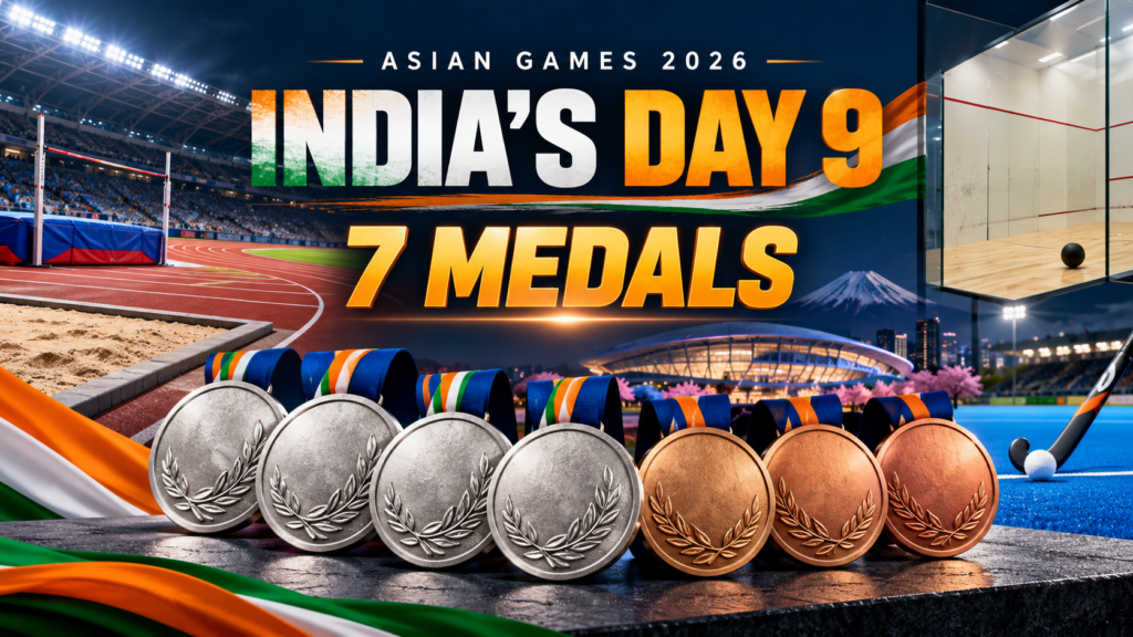 Illustration of four silver and three bronze medals for India’s September 27 results at the 2026 Asian Games, with athletics, squash and hockey imagery.