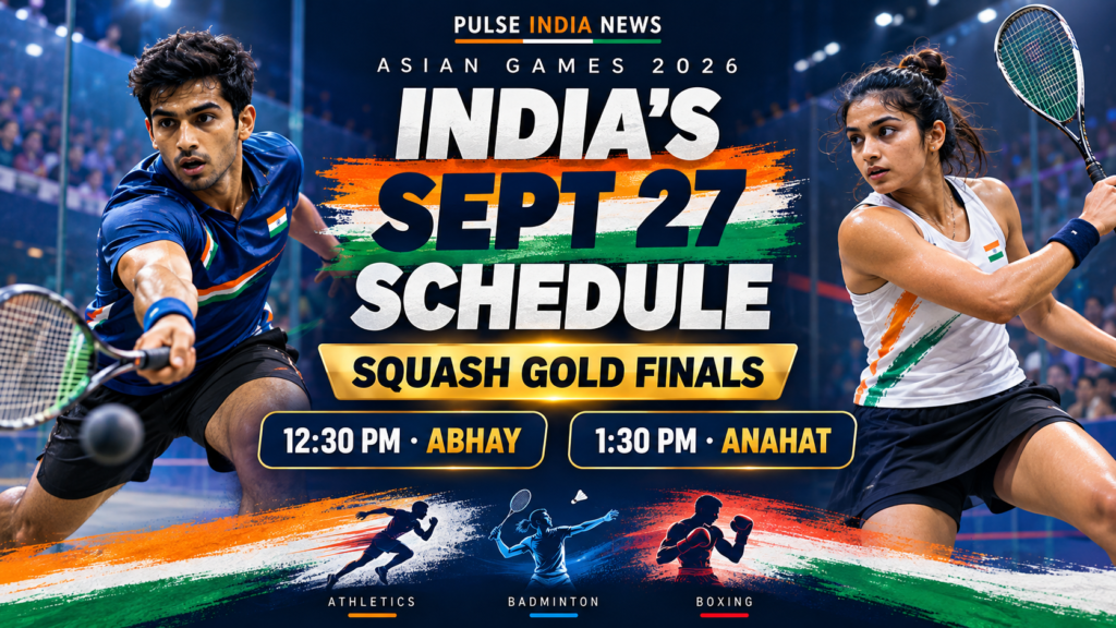 Asian Games 2026: India’s September 27 Schedule, Squash Finals and Medal Events in IST Illustrated Asian Games 2026 schedule graphic showing squash players and the September 27 gold-medal match times for Abhay Singh and Anahat Singh.