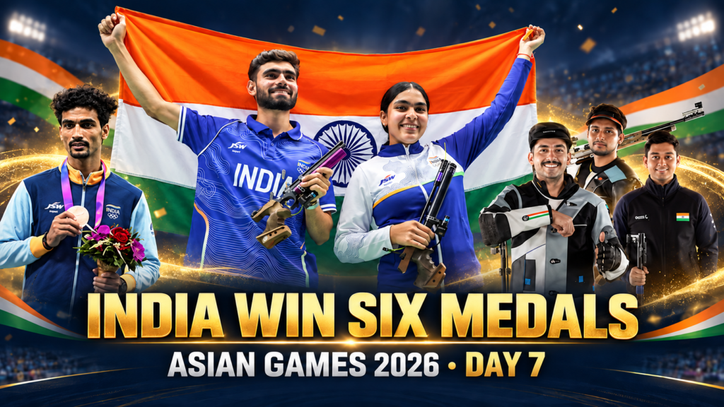 Indian athletes feature in a Day 7 medal highlights graphic after India won six medals at the Asian Games 2026.