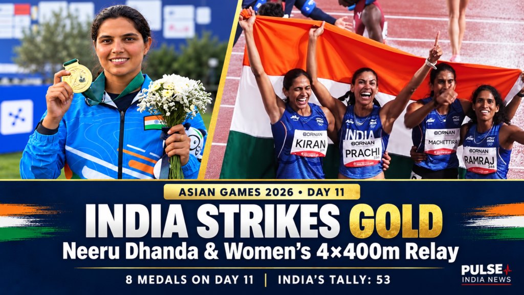 Collage of Neeru Dhanda holding her gold medal and India’s women’s 4×400m relay team celebrating with the tricolour, with Day 11 medal highlights.