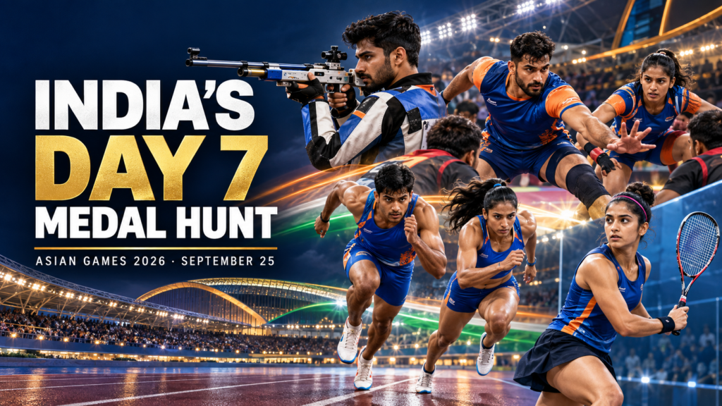 Indian athletes representing shooting, kabaddi, athletics and squash in an Asian Games 2026 Day 7 medal-hunt graphic.