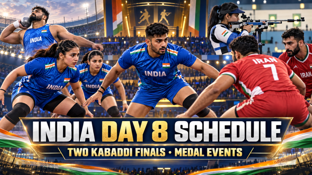 Asian Games 2026 Day 8: India’s Full Schedule, IST Timings and Medal Events Indian kabaddi players face Iran alongside shooting and shot put athletes in an Asian Games 2026 Day 8 schedule graphic.