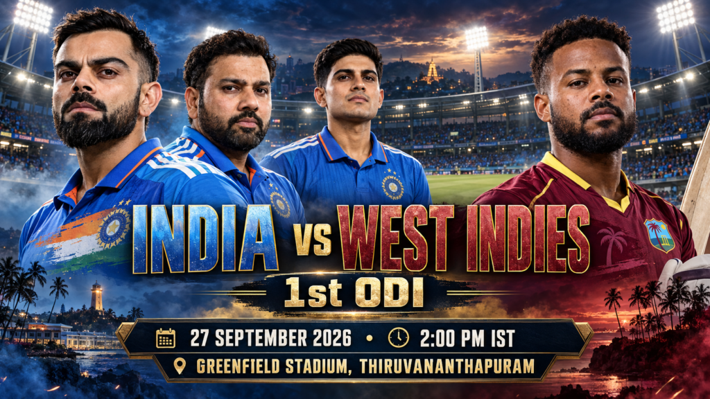 Illustrated India vs West Indies 1st ODI match poster featuring Virat Kohli, Rohit Sharma, Shubman Gill and Shai Hope, with the September 27 start time and Thiruvananthapuram venue.