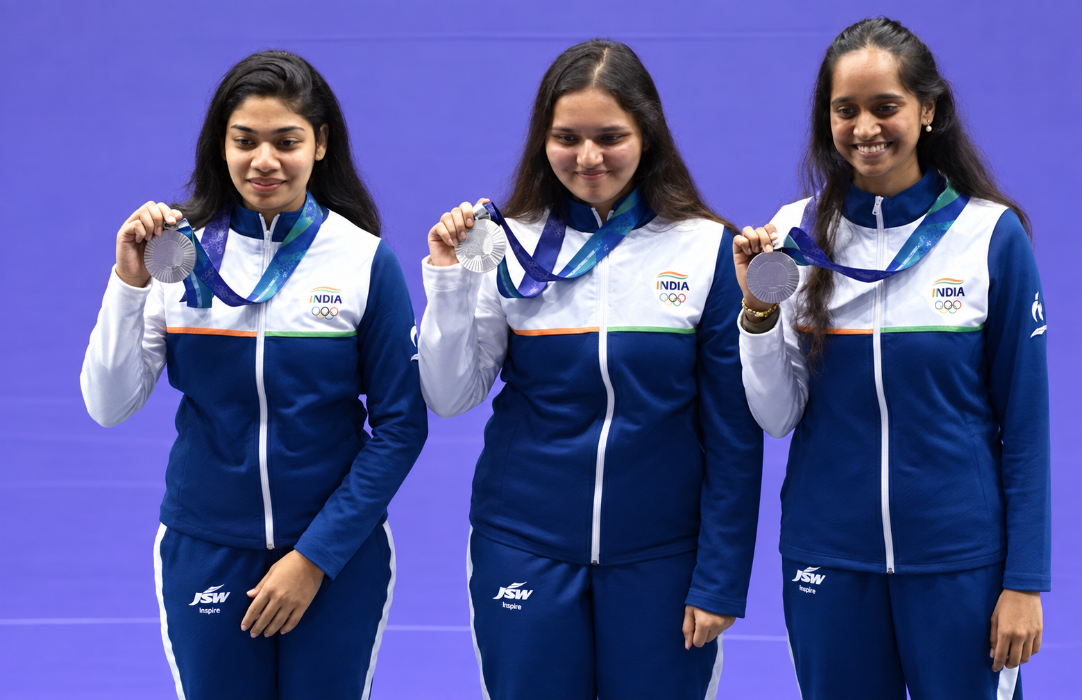 Elavenil Valarivan, Sonam Uttam Maskar and Vidarsa Vinod display their Asian Games 2026 silver medals