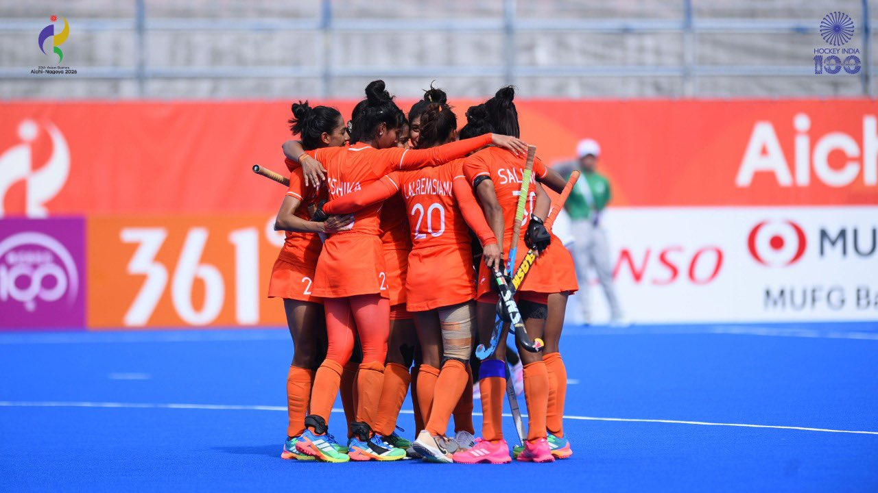 Indian women's hockey players huddle during their Asian Games 2026 match against Indonesia