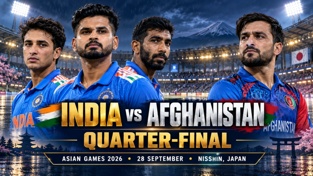 Illustrated India vs Afghanistan Asian Games 2026 men’s cricket quarter-final poster featuring players from both teams and the September 28 match date.