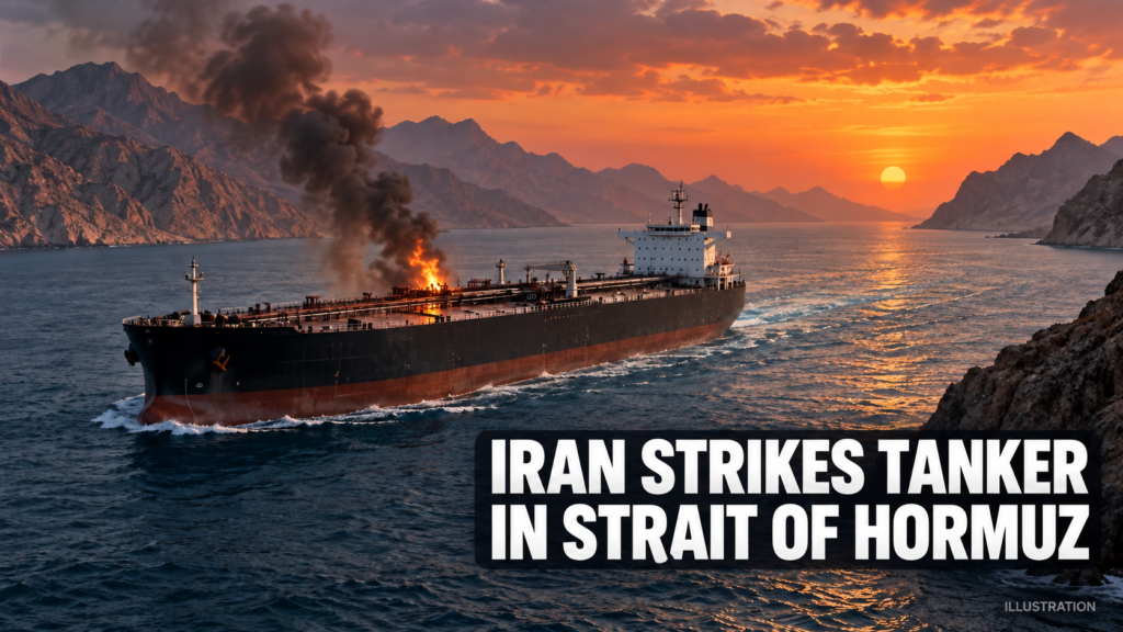 Iran Says It Struck and Detained Trend Tanker in Strait of Hormuz Illustration of an oil tanker with a fire on deck in the Strait of Hormuz at sunset.