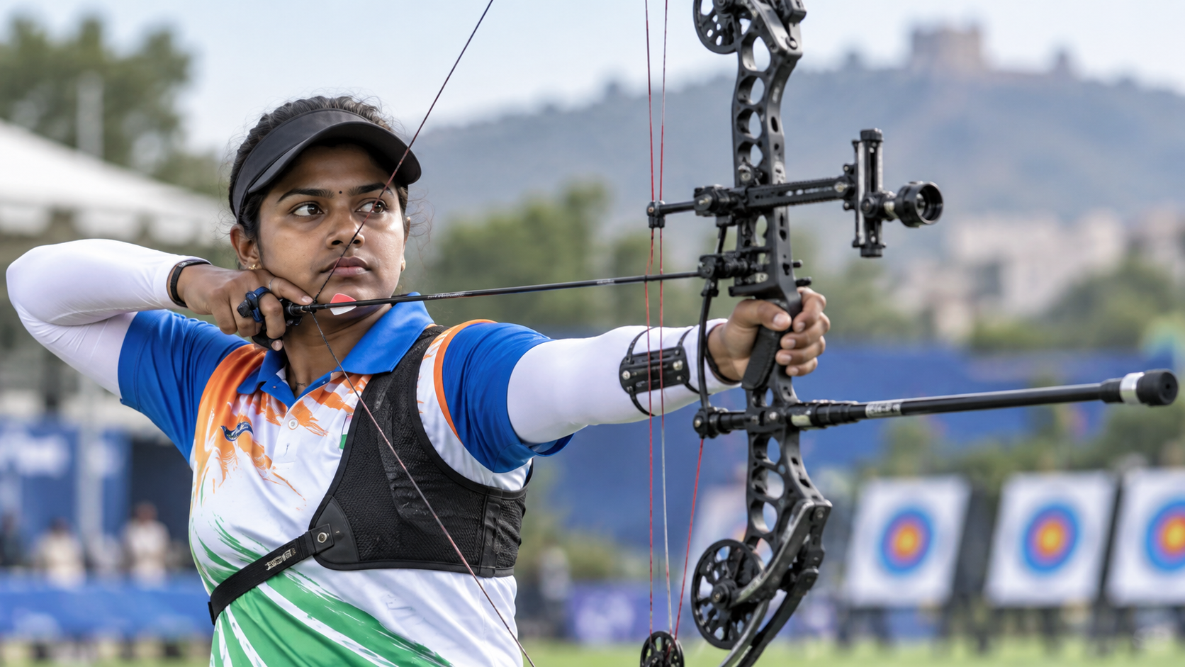 Asian Games 2026: India’s Biggest Medal Hopes Across Sports Illustration of Jyothi Surekha Vennam aiming a compound bow