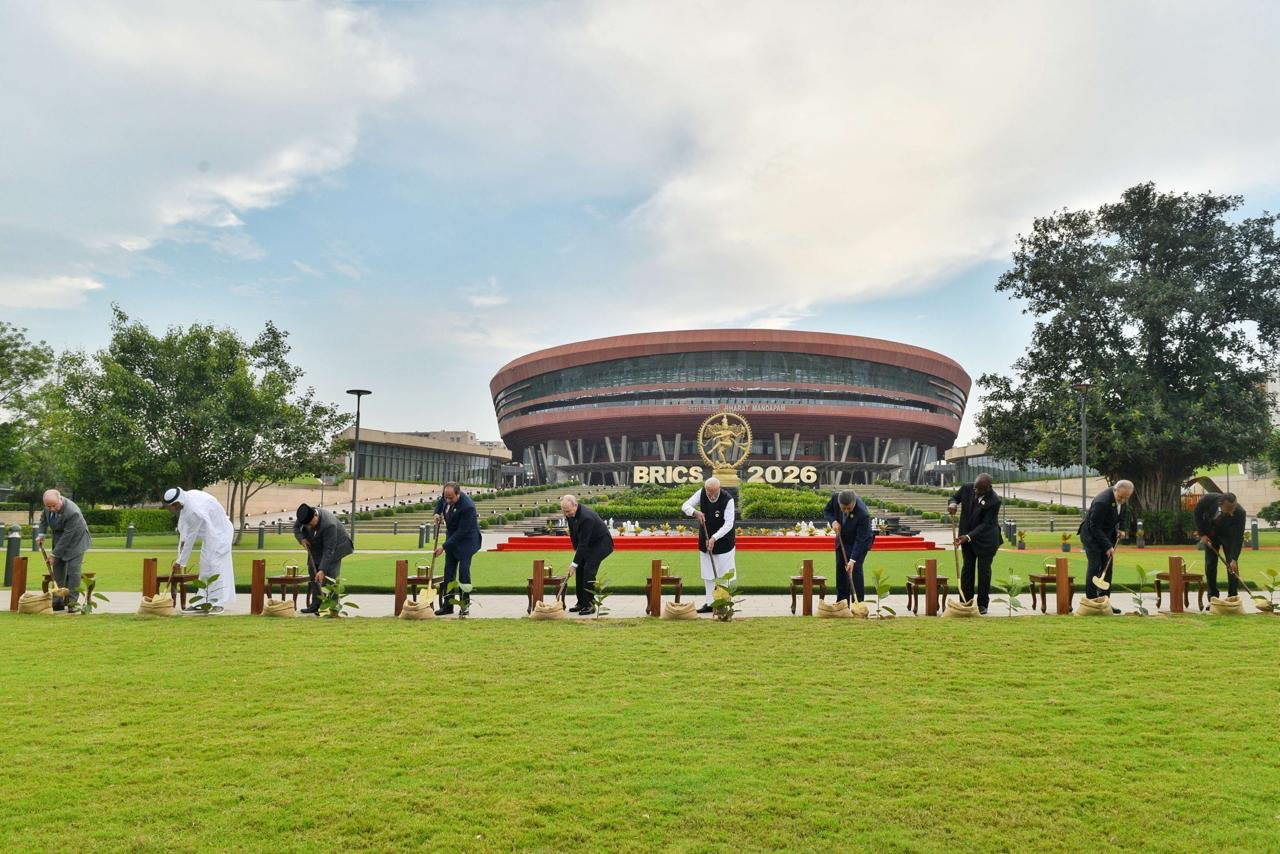 Prime Minister Narendra Modi and fellow BRICS leaders plant a banyan tree during the 2026 summit in New Delhi