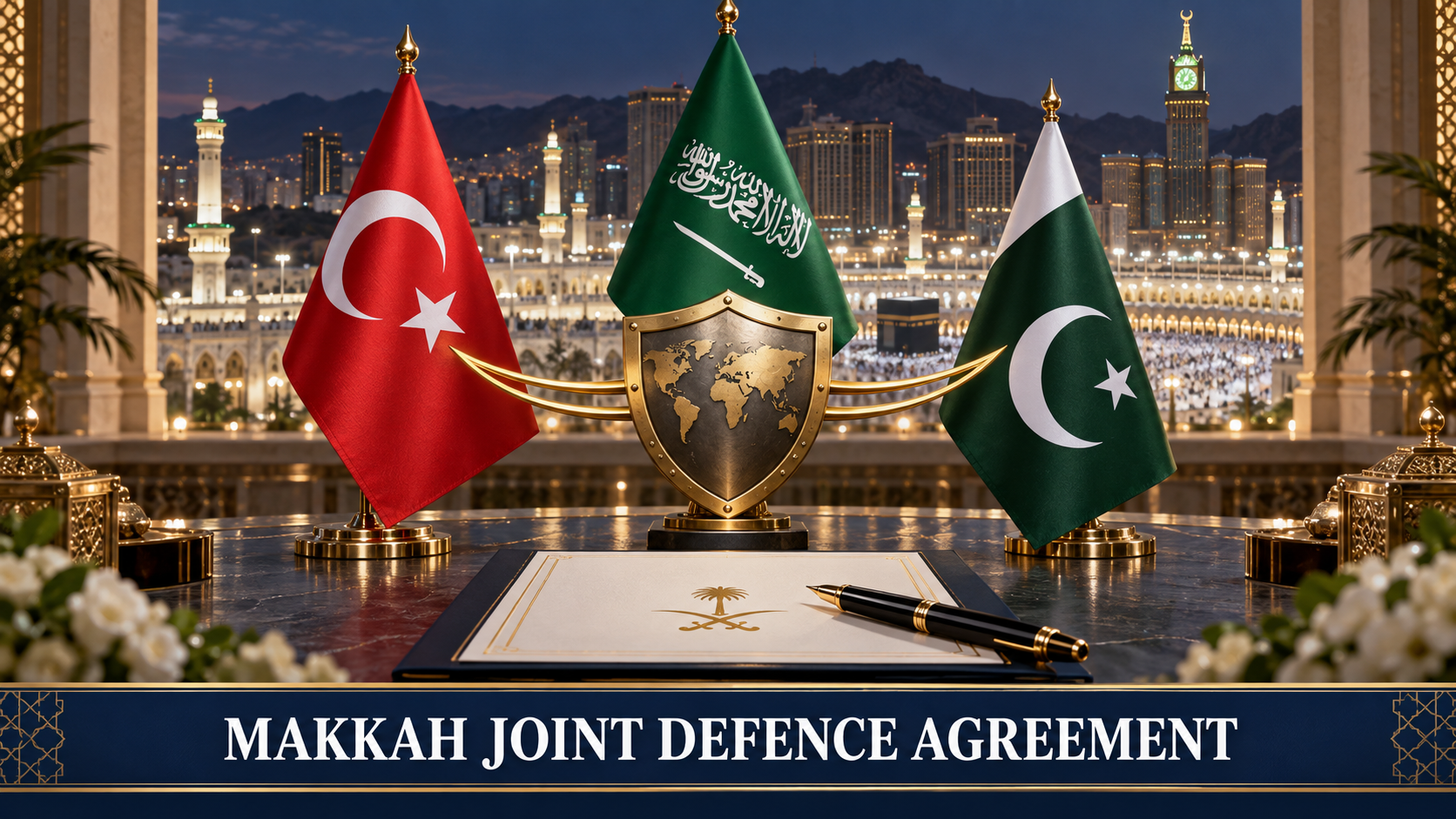 Flags of Saudi Arabia, Türkiye and Pakistan representing the Makkah Joint Defence Agreement